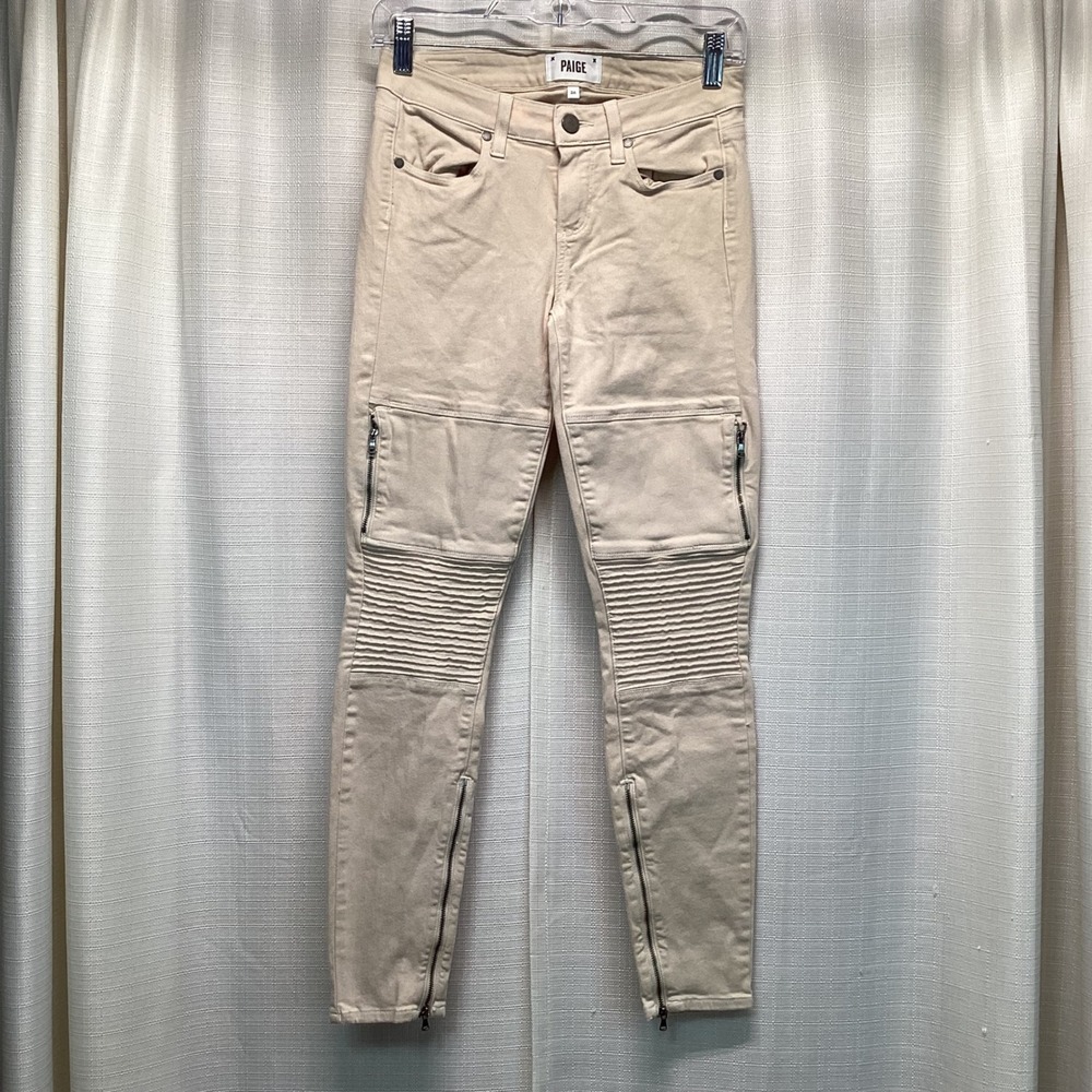 PAIGE Edgemont Skinny Moto Jeans Tan Beige Quilted Knee Zip Ankle Size 26 USA